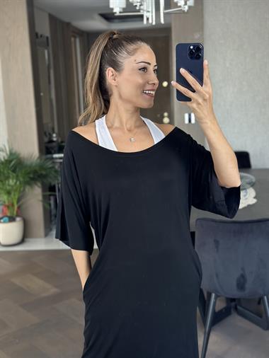 Siyah Bisiklet Yaka Atletli Kadın Elbise Kadın 