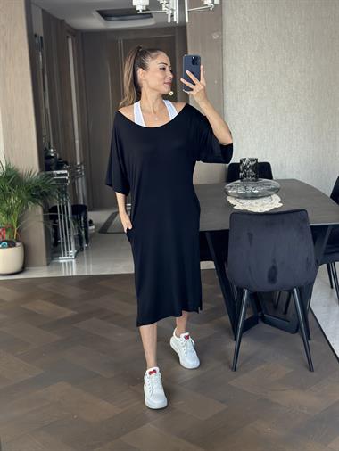 Siyah Bisiklet Yaka Atletli Kadın Elbise Kadın 