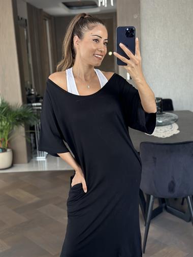 Siyah Bisiklet Yaka Atletli Kadın Elbise Kadın 