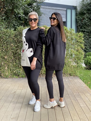 Siyah Bisiklet Yaka Ayıcık Detay Triko Kadın Kazak