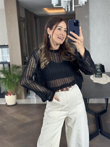 Siyah Bisiklet Yaka File Örgü Triko Kadın Crop Bluz