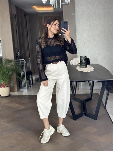 Siyah Bisiklet Yaka File Örgü Triko Kadın Crop Bluz