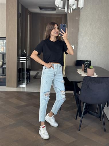 Siyah Bisiklet Yaka Kısa Kol Penye Crop Kadın T-Shirt