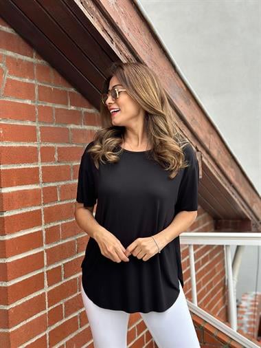 Siyah Bisiklet Yaka  Kolu Ve Eteği Lazer Kesim Kadın T-Shirt