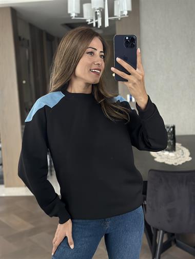 Siyah Bisiklet Yaka Omuzları Jean Detay İki İplik Kadın Sweatshirt