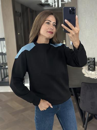 Siyah Bisiklet Yaka Omuzları Jean Detay İki İplik Kadın Sweatshirt