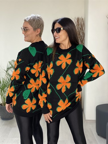 Turuncu Papatya Kabartmalı Bisiklet Yaka Triko Kadın Kazak