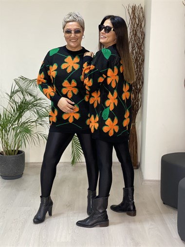 Turuncu Papatya Kabartmalı Bisiklet Yaka Triko Kadın Kazak