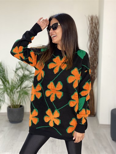 Turuncu Papatya Kabartmalı Bisiklet Yaka Triko Kadın Kazak