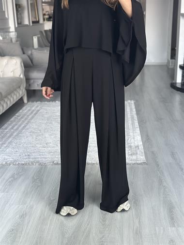 Siyah Bisiklet Yaka Pelerin Pantolon Kadın İkili Takım