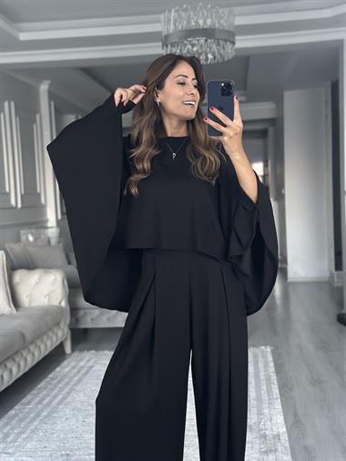 Siyah Bisiklet Yaka Pelerin Pantolon Kadın İkili Takım