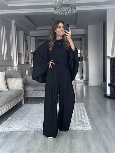 Siyah Bisiklet Yaka Pelerin Pantolon Kadın İkili Takım