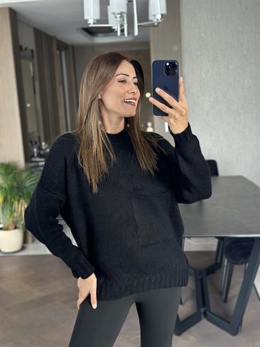 Siyah Bisiklet Yaka Salaş Cepli Triko Kadın Kazak