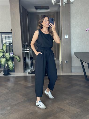 Siyah Bisiklet Yaka Sıfır Kol Bluz Pantolon Tnsl Alt Üst Takım