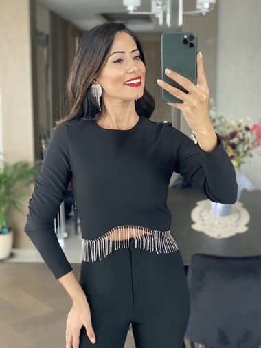 Siyah Bisiklet Yaka Taş Zincir Detay Kadın Bluz