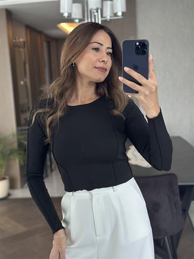 Siyah Bisiklet Yaka Ters Dikişli Uzun Kol Kadın Crop Body