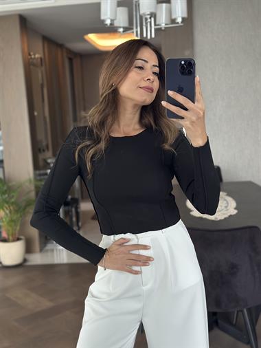 Siyah Bisiklet Yaka Ters Dikişli Uzun Kol Kadın Crop Body