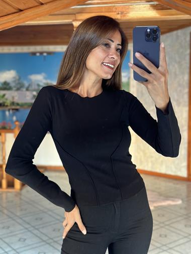 Siyah Bisiklet Yaka Uzun Kol Dikiş Detay Kadın Bluz