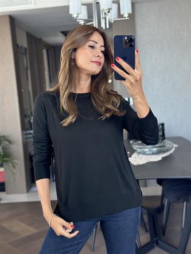 Siyah Bisiklet Yaka Uzun Kol Dlvn Düz Merserize Kadın Bluz