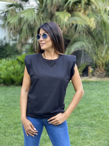 Siyah Bisiklet Yaka Vatkalı Kadın T-Shirt