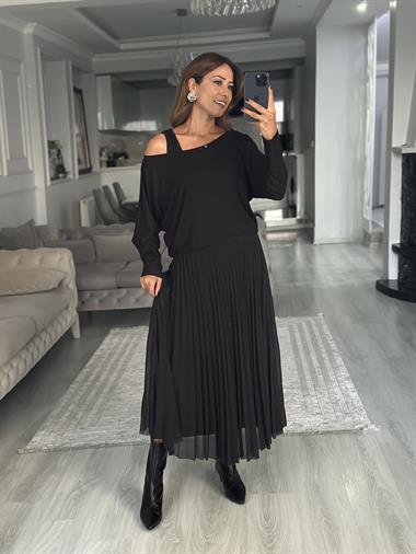 Siyah Bluzlu Piliseli Midi Boy Kadın İkili Elbise
