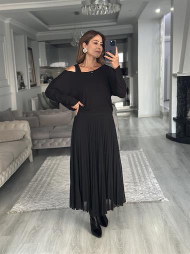 Siyah Bluzlu Piliseli Midi Boy Kadın İkili Elbise