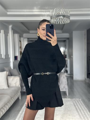 Siyah Boğazlı Panço Kesim Kadın Triko Kazak