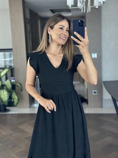 Siyah Brode V Yaka Kolları Volanlı Kadın Elbise