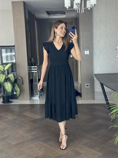 Siyah Brode V Yaka Kolları Volanlı Kadın Elbise