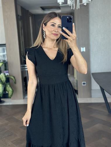 Siyah Brode V Yaka Kolları Volanlı Kadın Elbise