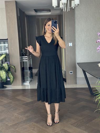 Siyah Brode V Yaka Kolları Volanlı Kadın Elbise