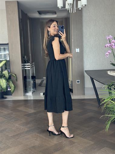 Siyah Brode V Yaka Kolları Volanlı Kadın Elbise