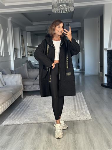 Siyah Buklet Kapüşonlu Cepli Fermuarlı Kadın Hırka