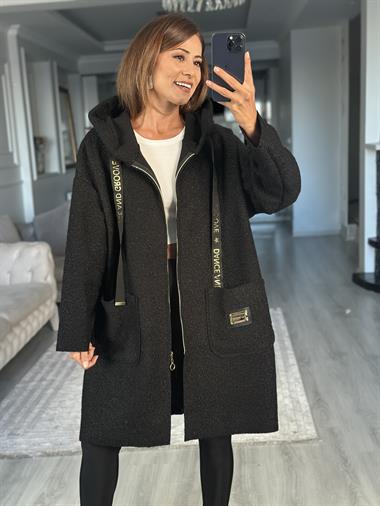 Siyah Buklet Kapüşonlu Cepli Fermuarlı Kadın Hırka