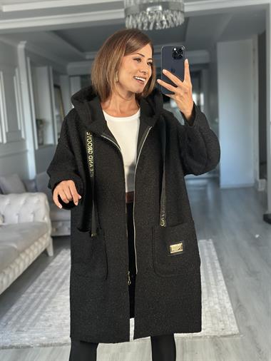 Siyah Buklet Kapüşonlu Cepli Fermuarlı Kadın Hırka