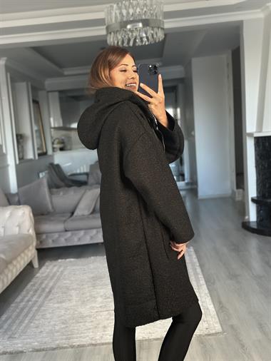 Siyah Buklet Kapüşonlu Cepli Fermuarlı Kadın Hırka