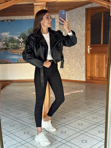 Siyah Çakımlı Motorcu Fermuarlı Kadın Deri Ceket