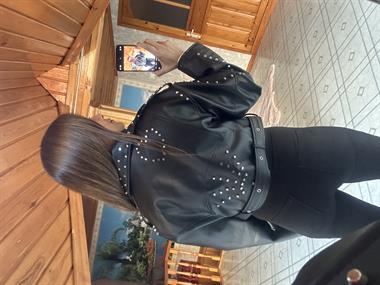 Siyah Çakımlı Motorcu Fermuarlı Kadın Deri Ceket