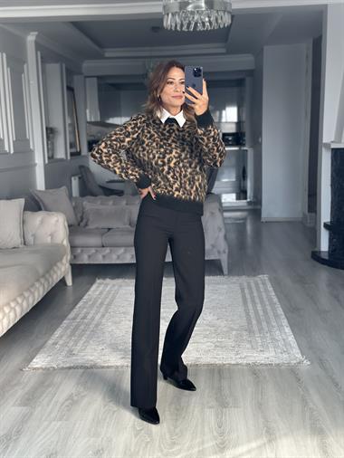 Siyah Camel Leopar Desen Bisiklet Yaka Kadın Triko Kazak