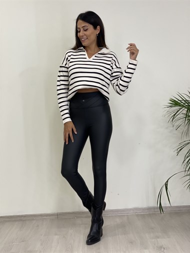 Siyah Çapraz Dikişli Düğme Detay Mat Deri Kadın Tayt