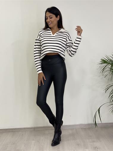 Siyah Düğme Detay Çapraz Dikişli Mat Deri Kadın Tayt