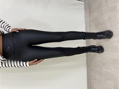 Siyah Düğme Detay Çapraz Dikişli Mat Deri Kadın Tayt