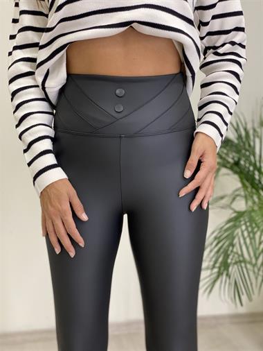 Siyah Düğme Detay Çapraz Dikişli Mat Deri Kadın Tayt