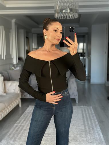 Siyah Carmen Yaka Fermuarlı Ottoman Kadın Bluz
