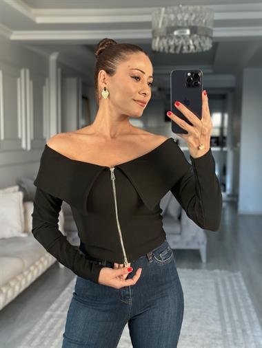 Siyah Carmen Yaka Fermuarlı Ottoman Kadın Bluz
