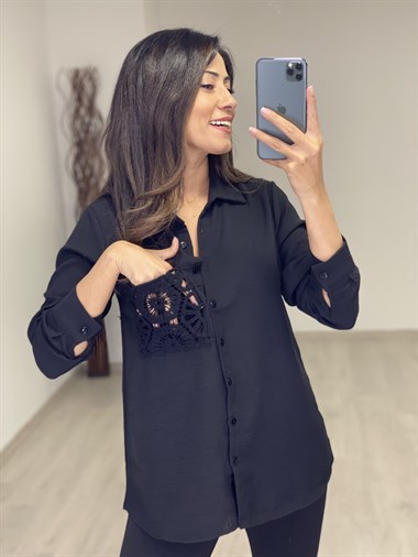 Siyah Cebi Örgü Detay Krinkıl Kadın Gömlek