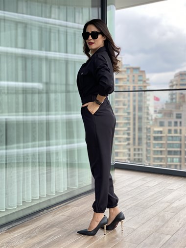 Siyah Ceket Yaka Arka Bel Lastikli Tulum