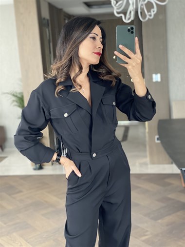 Siyah Ceket Yaka Arka Bel Lastikli Tulum