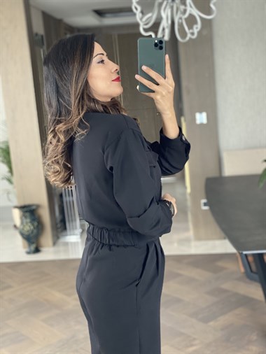 Siyah Ceket Yaka Arka Bel Lastikli Tulum