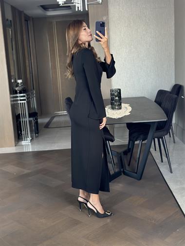 Siyah Çelik Örme Burgu Detay Yırtmaçlı Kadın Elbise